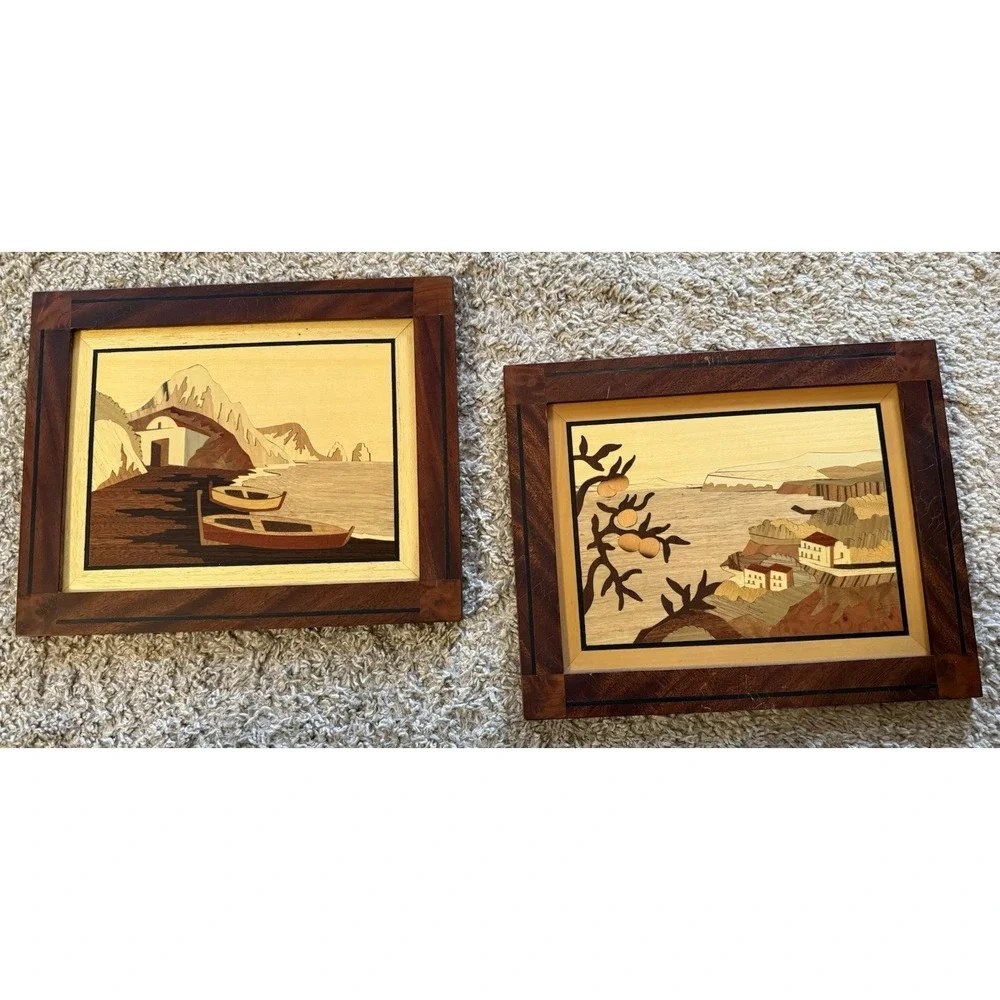 Set Of‎ 2 Vintage Italian Marquetry Inlaid Wood Sorrento Style Coastal Scenes
